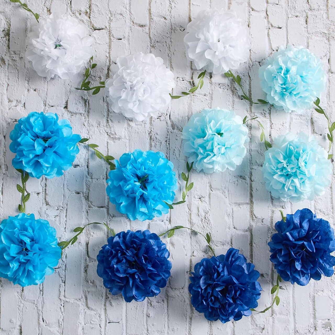 Gradient Blue Tissue Paper Pom Pom Garlands, Paper Flowers for Birthday Decorations, Baby Shower, Wedding Engagement, Bridal Shower, Spring Summer Party Decorations